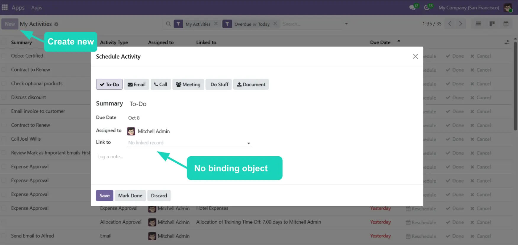 Odoo 19 - Create Personal Activity without binding to any object