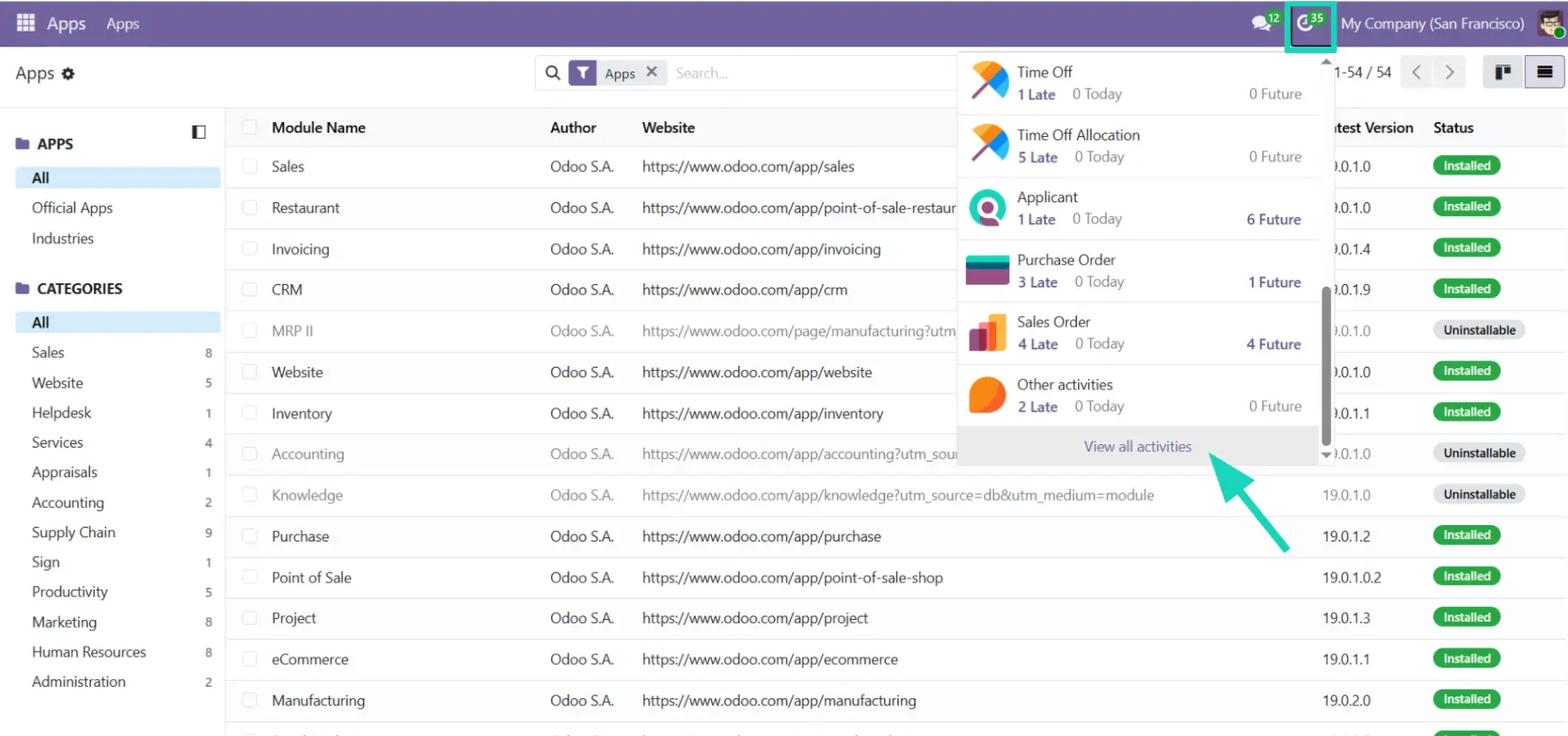 Odoo 19 - View all Activities