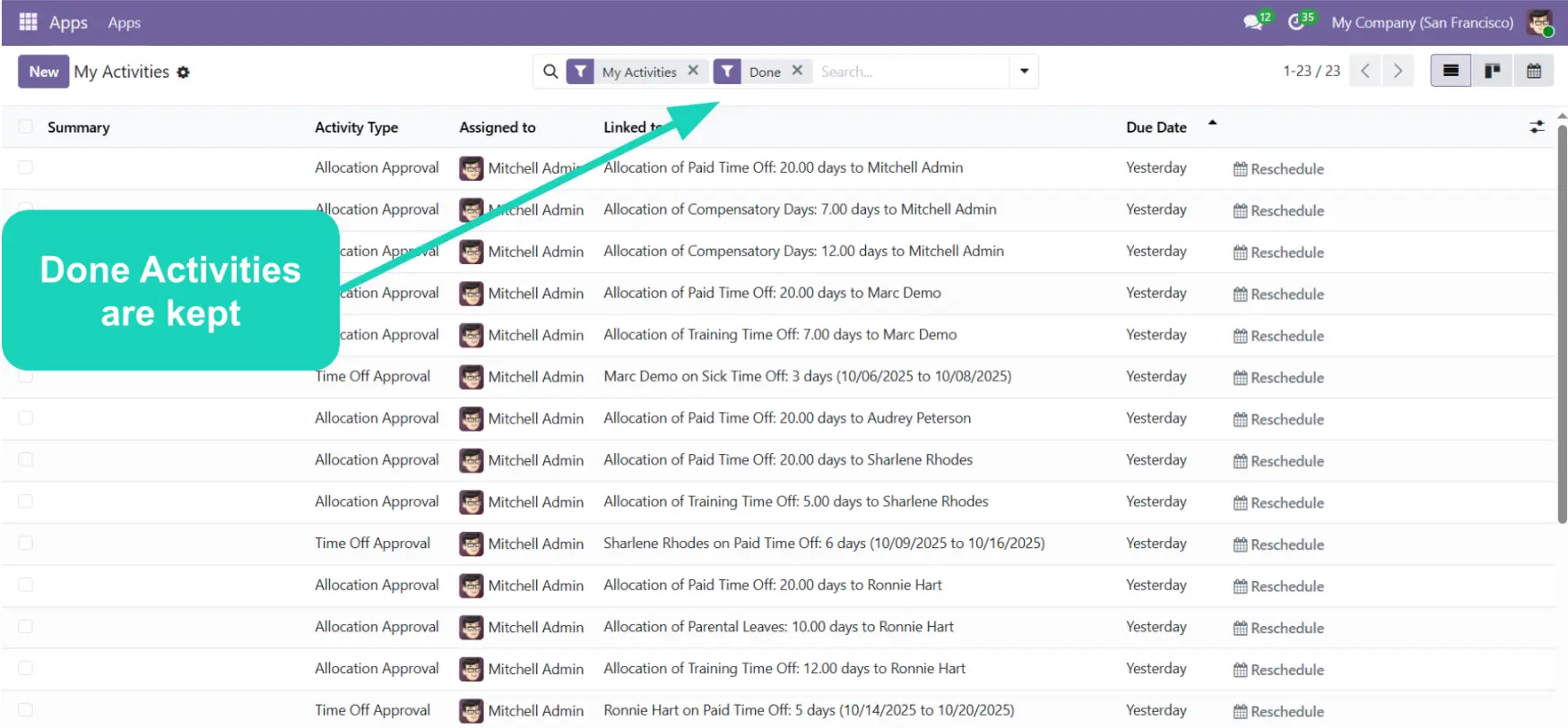 Odoo 19 - Done Activities are kept