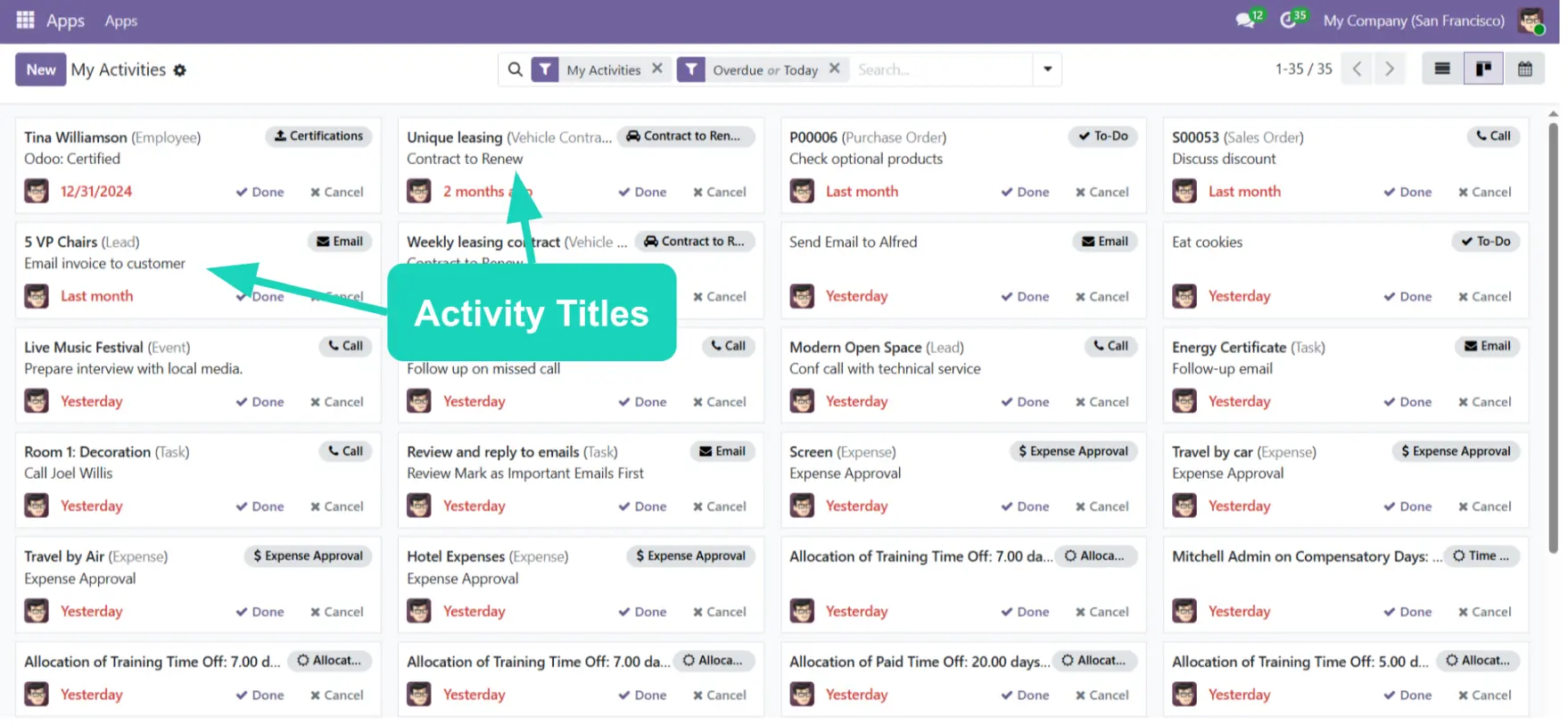 Odoo 19 - Activity Titles on Kanban cards