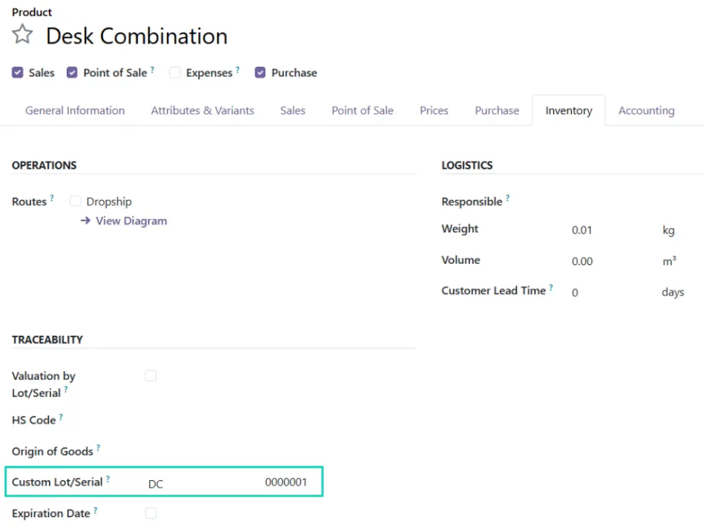 Product configuration in Odoo 19 allowing the setup of a custom prefix for serial numbers.
