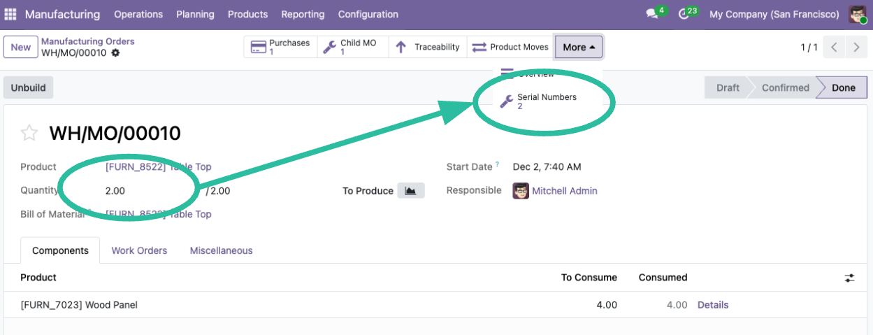 Odoo 19-Example of an MO linking to 2 Serials Numbers