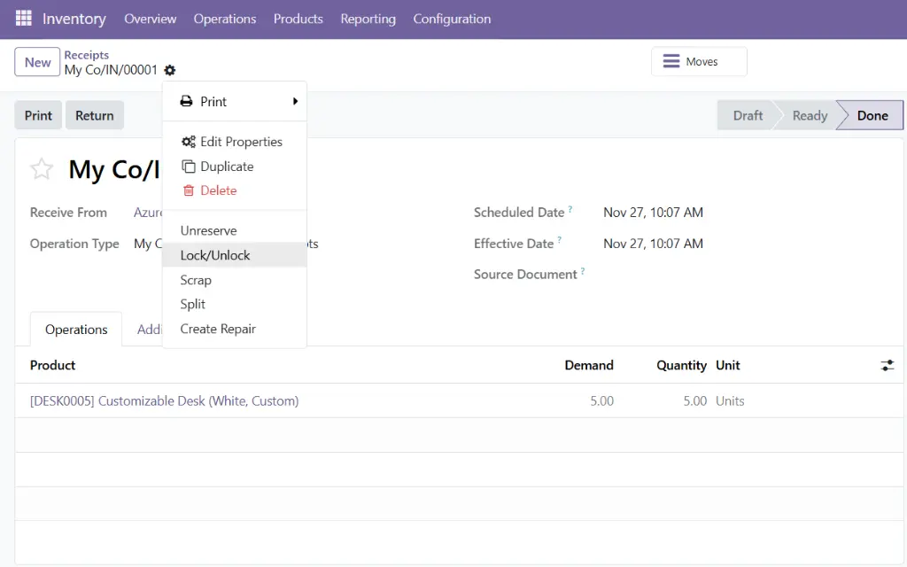 Screenshot of the Unlock button in Odoo 19 allowing a 'Done' stock move to be edited