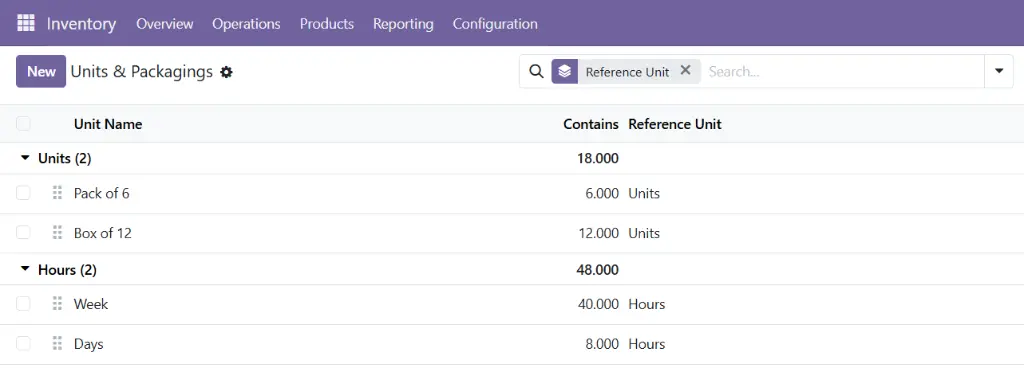 Odoo 19 product configuration demonstrating the merged Units of Measure (UoM) and Packaging feature
