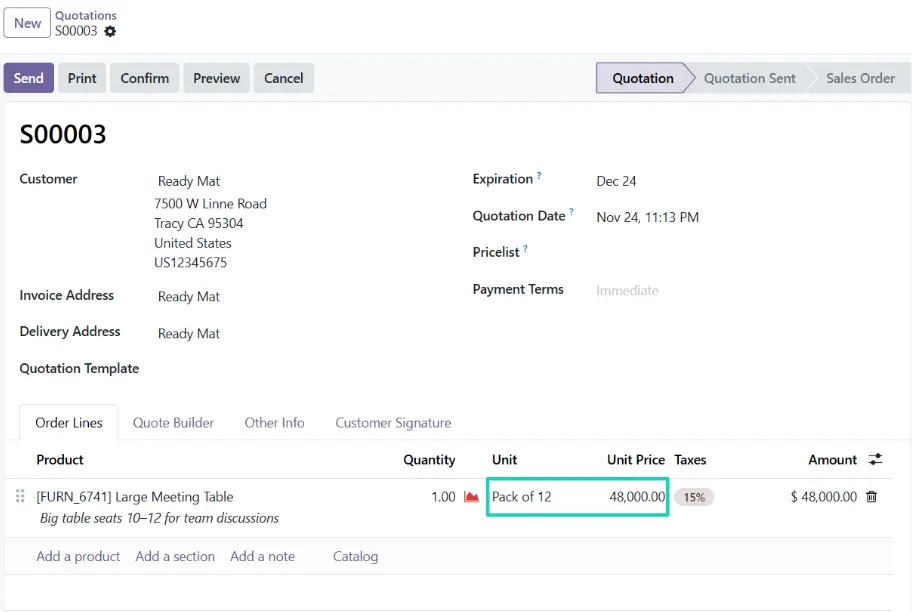 Unit Price computed based on the new  UoM in Odoo 19