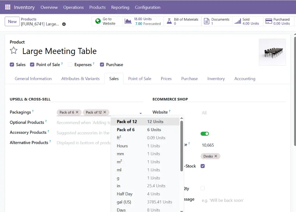 Odoo 19 product configuration demonstrating the merged Units of Measure (UoM) and Packaging feature