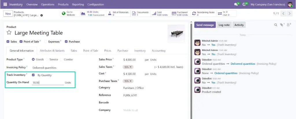 Product form view in Odoo 19 showing the new editable Quantity On Hand field for easy inventory tracking