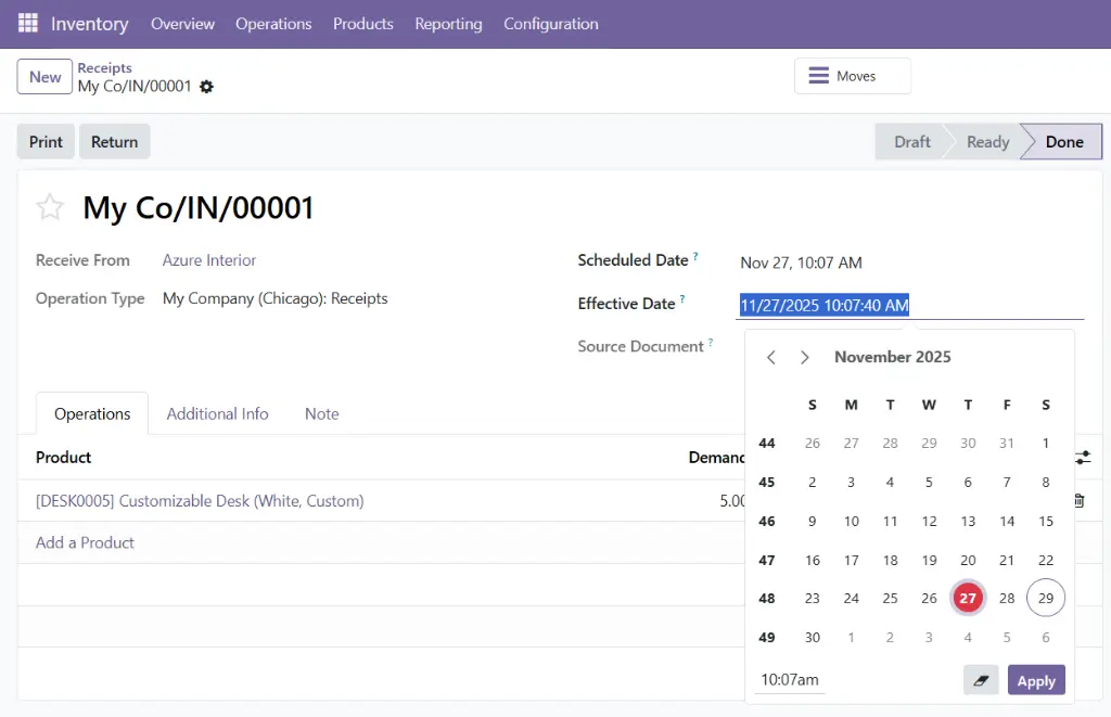 Odoo 19 screen showing the ability to edit the Effective Date on a validated Stock Move for auditing