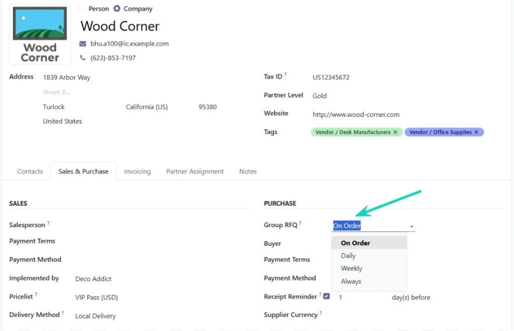 Vendor form view in Odoo 19 showing the Group RFQ field to organize purchase orders.