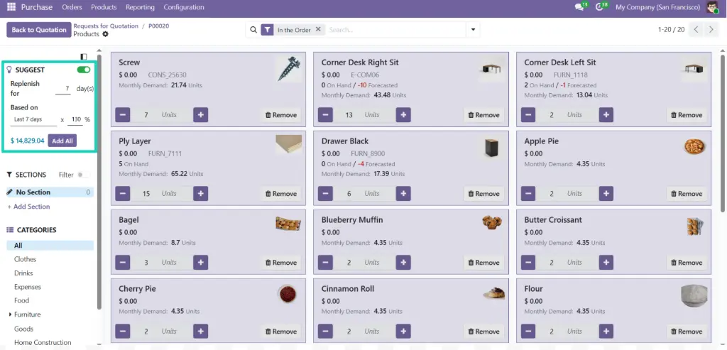 Odoo 19-Suggest Feature in Purchase Catalog