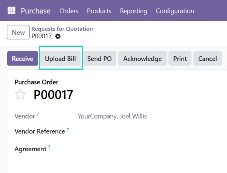 Button Upload Bill in Purchase Order in Odoo 19