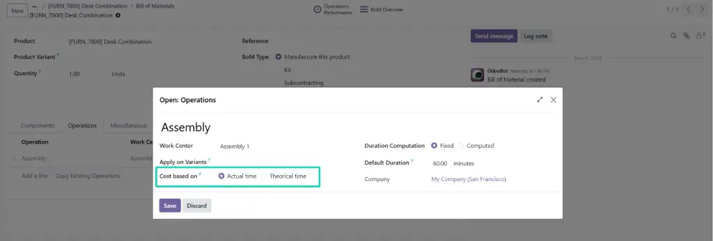 BOM configuration in Odoo 19 showing options for calculating product cost based on Actual or Theoretical Time.