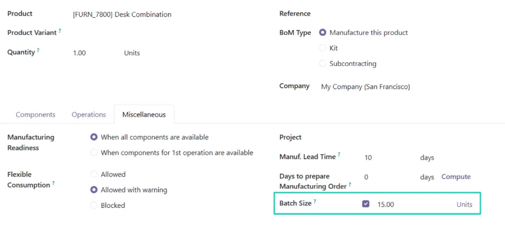 Bills of Materials (BOM) setup in Odoo 19 showing the setting for maximum batch size.