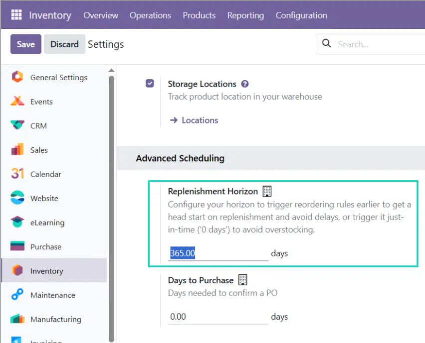 Replenishment Horizon Default setting in Odoo 19