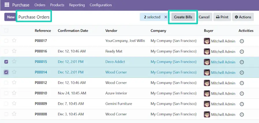 Create Bills action button on the Purchase Order form view