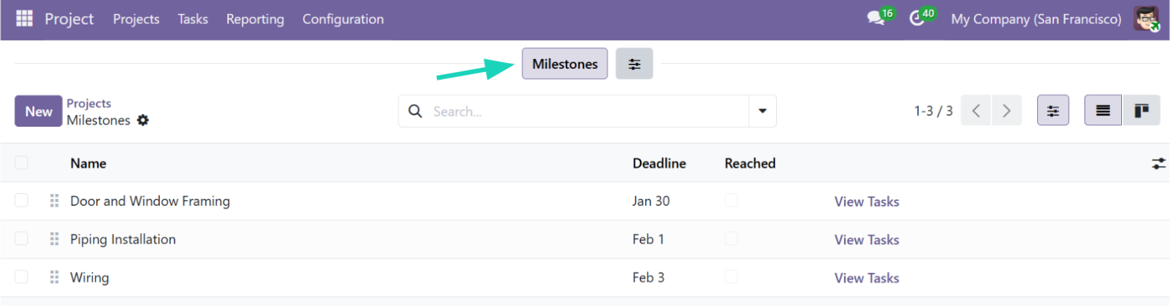 Odoo 19 - Milestones top bar