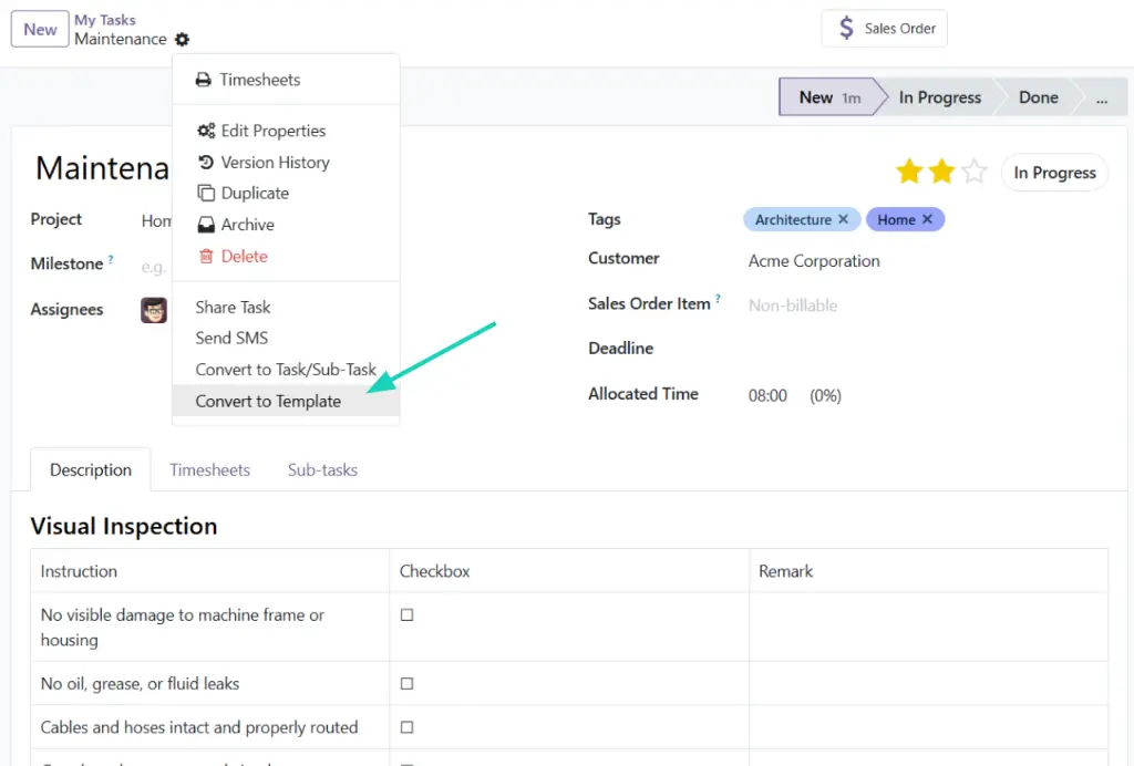 Odoo 19 - Convert Task to a Template