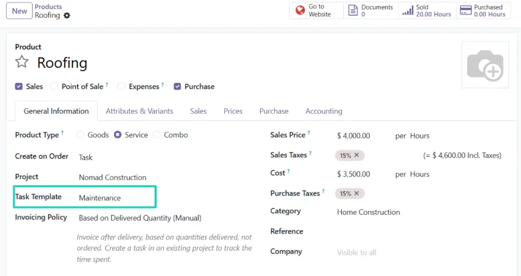 Odoo 19 - Task Template on Service Products