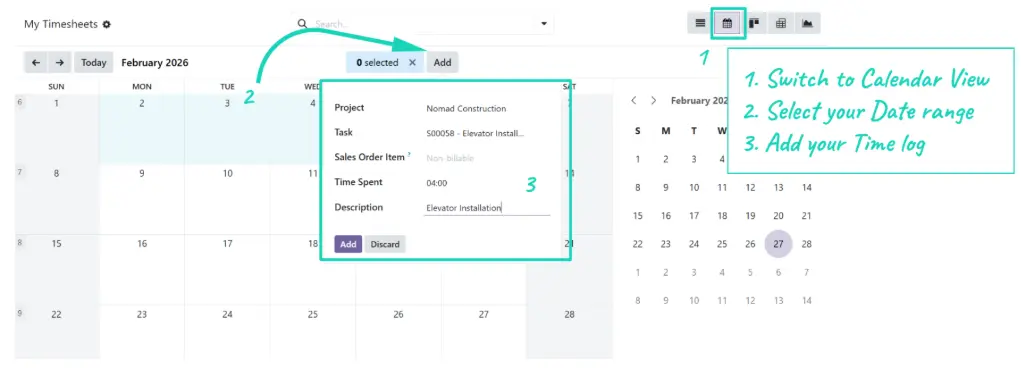 Odoo 19 - Timesheet in bulk in Calendar view